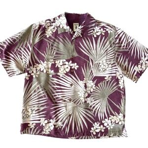 Men's 100% Silk Hawaiian Shirt Plum Tropical Palm Print Short Sleeve Size M